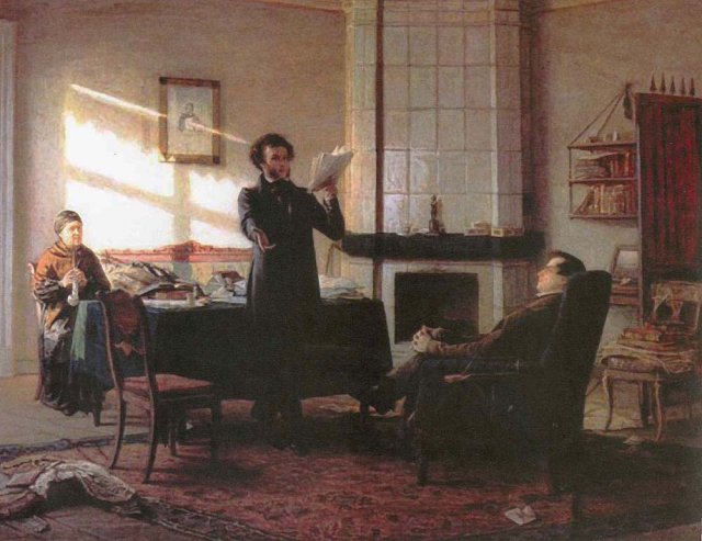 Малоизвестная картина Николая Ге «А.С.Пушкин в селе Михайловском» (1875. Холст, масло. На картине, находящейся ныне в Харьковском художественном музее, запечатлена встреча опального Пушкина с Иваном Пущиным.