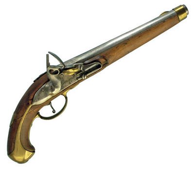 Пистолет кавалерийский образца 1809 г. Кремневый, калибр 18 мм. Выпускался на Сестрорецком оружейном заводе.