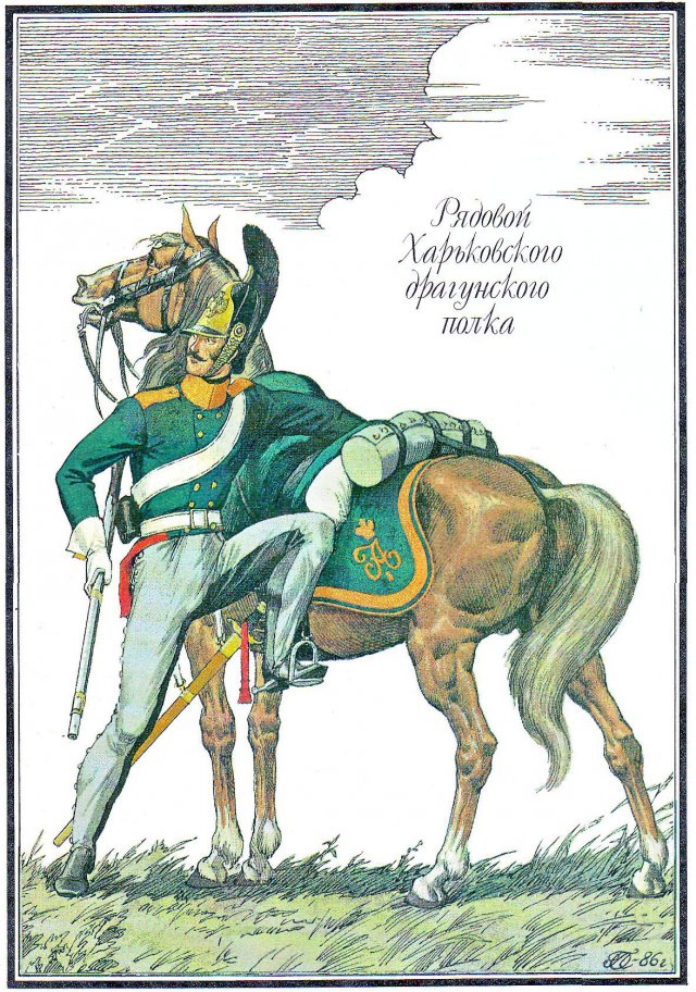 Харьковский драгунский полк. В Бородинском сражении у Шевардинского редута харьковцы вместе с драгунами Черниговского полка отбивали атаки пехотинцев дивизии генерала Фриана. На Бородинском поле Харьковский полк в составе 4-го кавалерийского корпуса сражался у Багратионовых флешей и у Семеновского оврага.